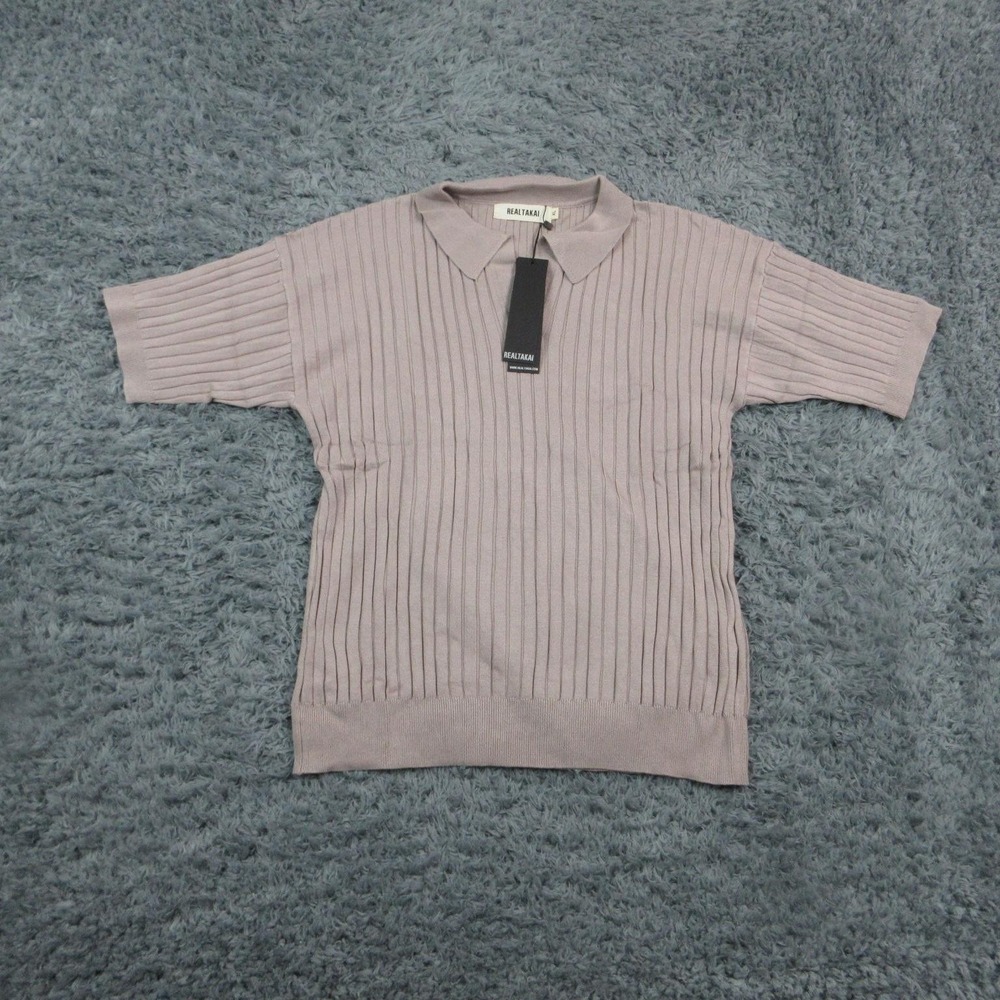 REALTAKAI Sweater Womens XL Pink Collared Ribbed Knit Short Sleeve Pullover NWT